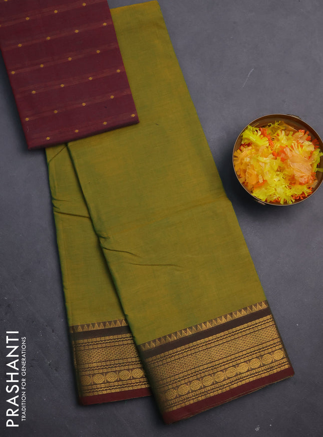 Chettinad cotton saree yellowish green and maroon with thread woven buttas and zari woven border