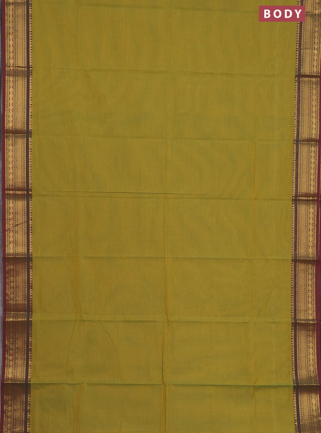 Chettinad cotton saree yellowish green and maroon with thread woven buttas and zari woven border