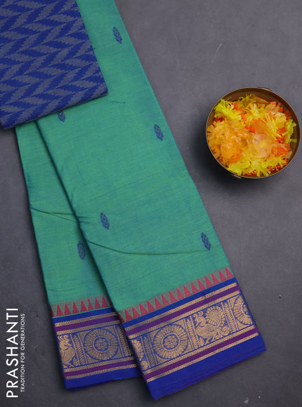 Chettinad cotton saree teal green and blue with thread woven buttas and zari woven border
