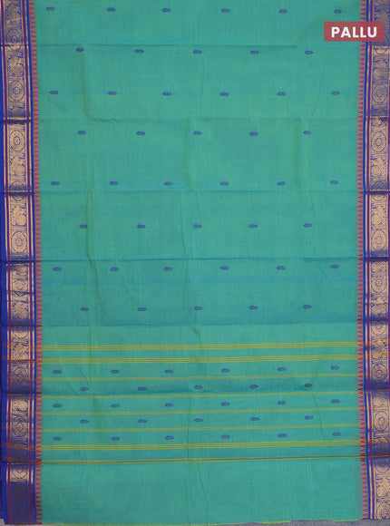 Chettinad cotton saree teal green and blue with thread woven buttas and zari woven border
