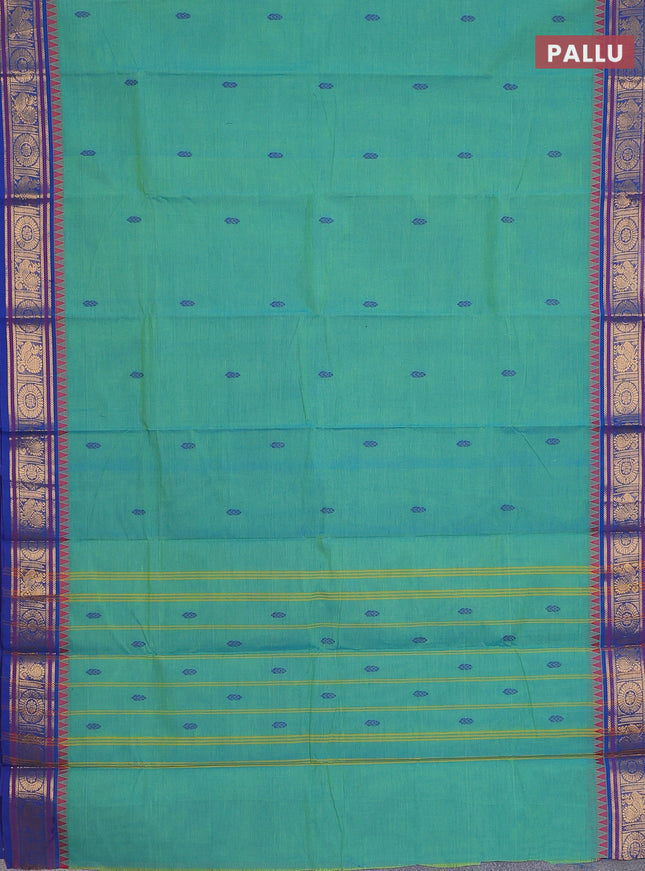 Chettinad cotton saree teal green and blue with thread woven buttas and zari woven border