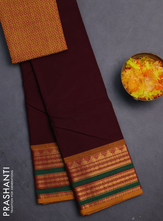 Chettinad cotton saree brown and mustard yellow with thread woven buttas and zari woven border