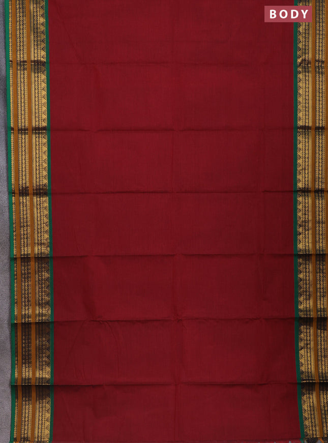 Chettinad cotton saree maroon and green with thread woven buttas and zari woven border