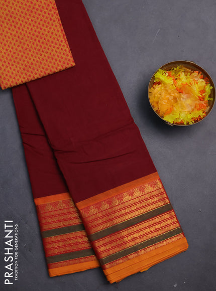 Chettinad cotton saree maroon and mustard yellow with thread woven buttas and zari woven border