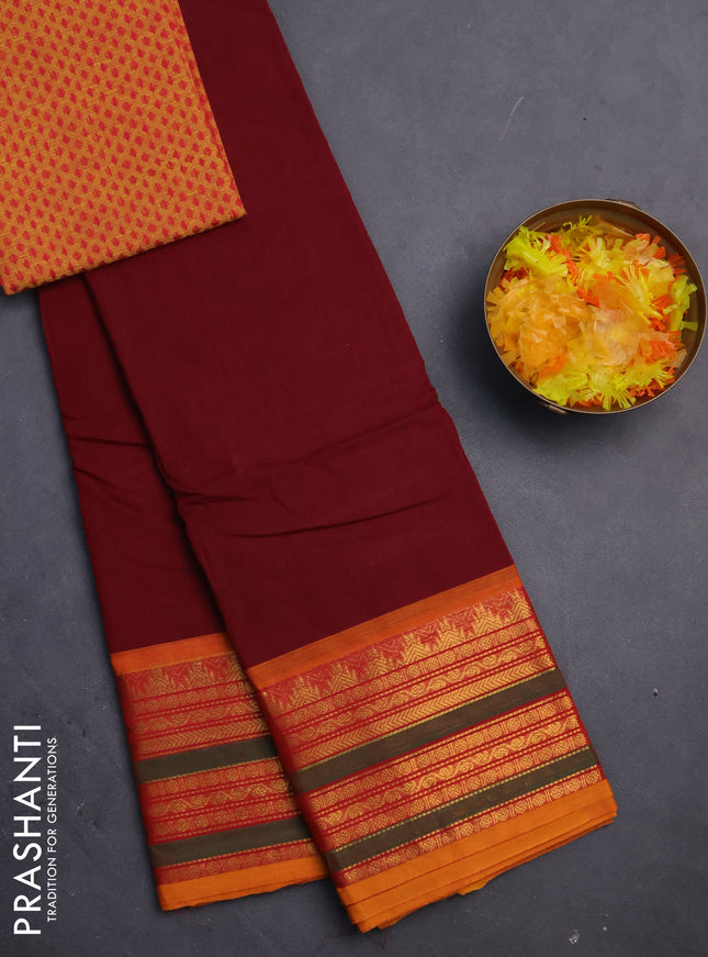 Chettinad cotton saree maroon and mustard yellow with thread woven buttas and zari woven border