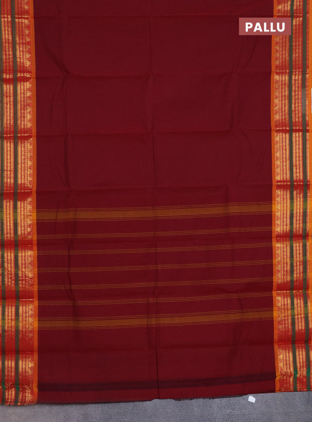 Chettinad cotton saree maroon and mustard yellow with thread woven buttas and zari woven border