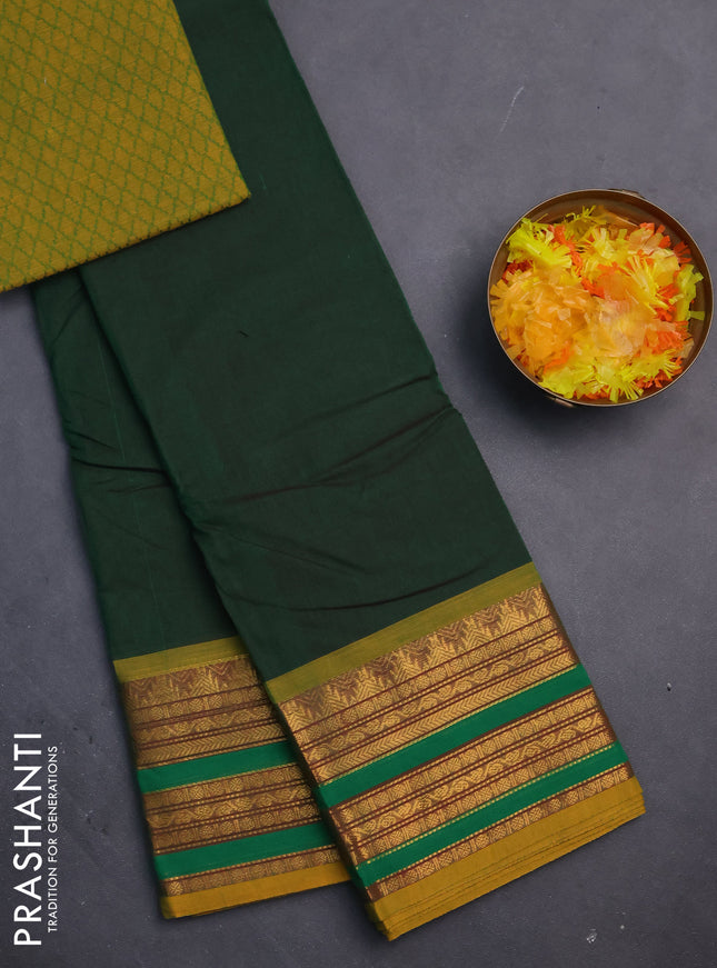 Chettinad cotton saree green and mustard yellow with thread woven buttas and zari woven border