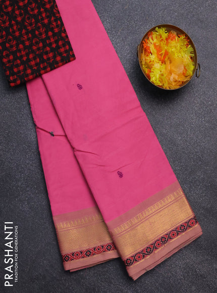 Chettinad cotton saree candy pink and beige with thread woven buttas and zari woven border