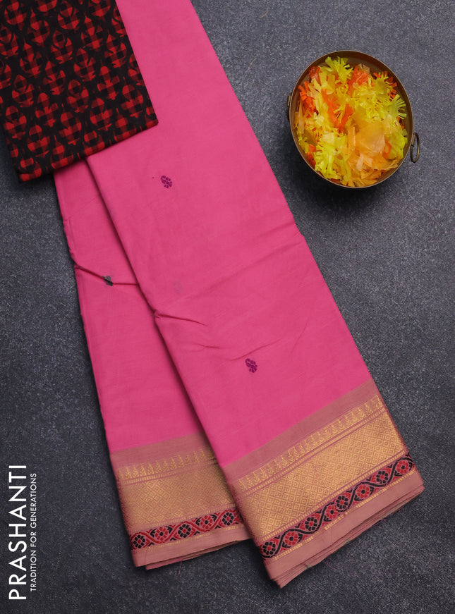 Chettinad cotton saree candy pink and beige with thread woven buttas and zari woven border