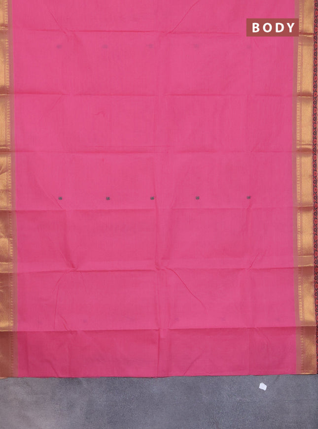 Chettinad cotton saree candy pink and beige with thread woven buttas and zari woven border