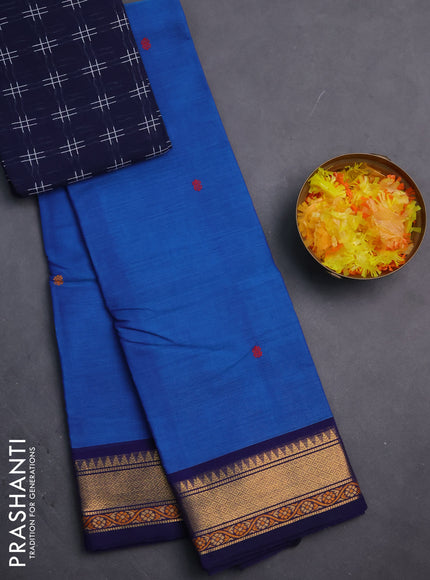 Chettinad cotton saree dual shade of blue and dark blue with thread woven buttas and zari woven border