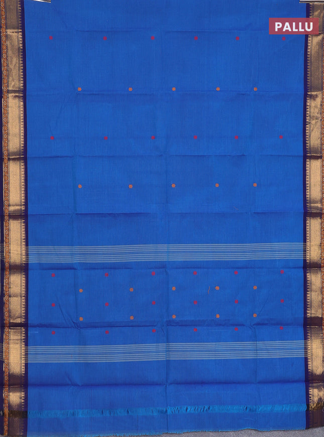 Chettinad cotton saree dual shade of blue and dark blue with thread woven buttas and zari woven border