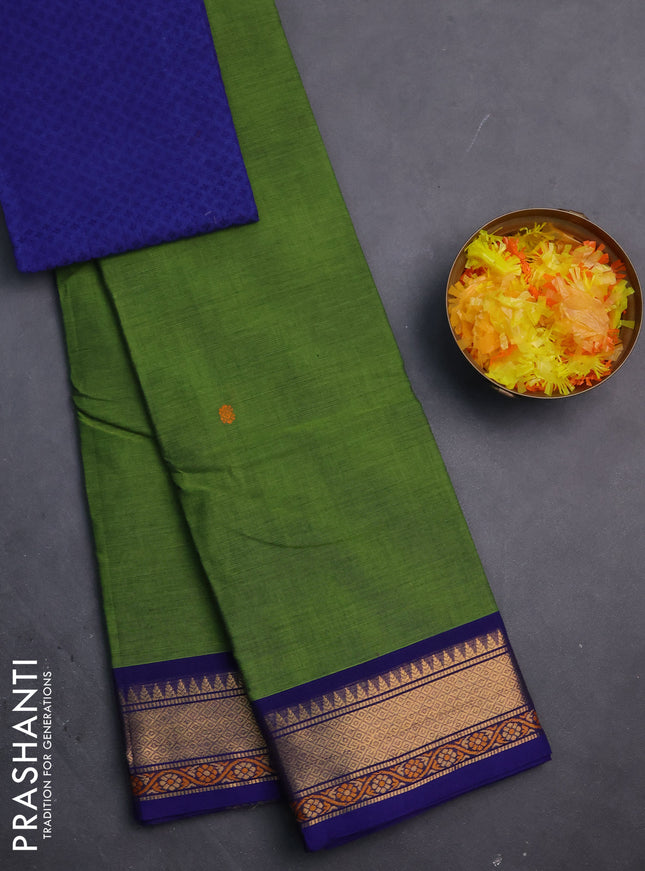 Chettinad cotton saree sap green and blue with thread woven buttas and zari woven border