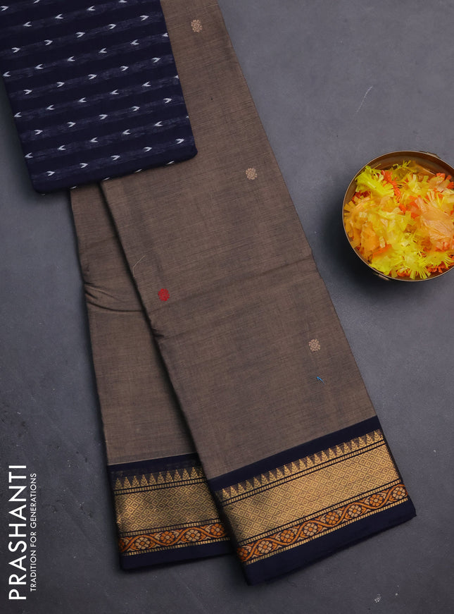 Chettinad cotton saree chikku shade and dark navy blue with thread woven buttas and zari woven border