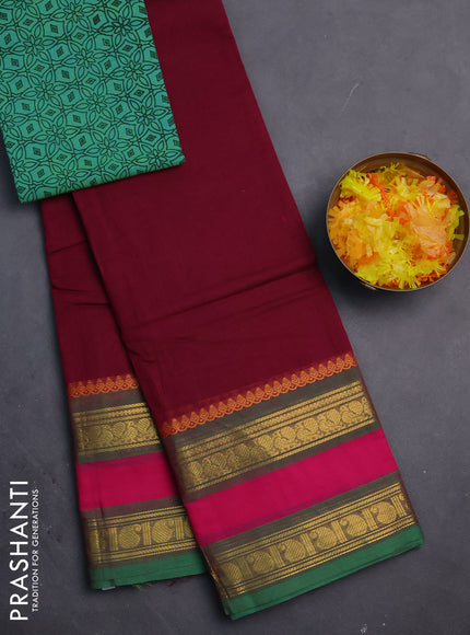 Chettinad cotton saree dark magenta pink and green with thread woven buttas and rettapet zari woven border