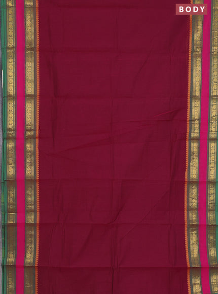 Chettinad cotton saree dark magenta pink and green with thread woven buttas and rettapet zari woven border