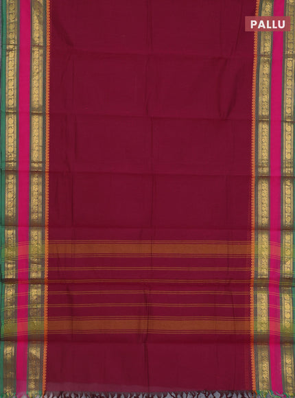 Chettinad cotton saree dark magenta pink and green with thread woven buttas and rettapet zari woven border