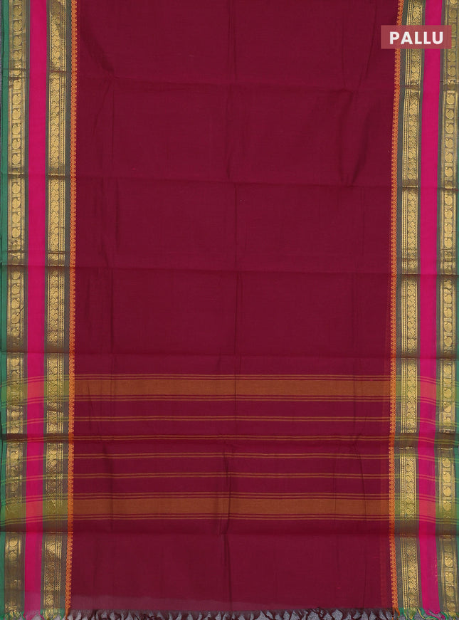 Chettinad cotton saree dark magenta pink and green with thread woven buttas and rettapet zari woven border