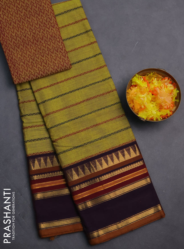 Chettinad cotton saree lime green and deep jamun with allover thread woven stripes pattern and zari woven border