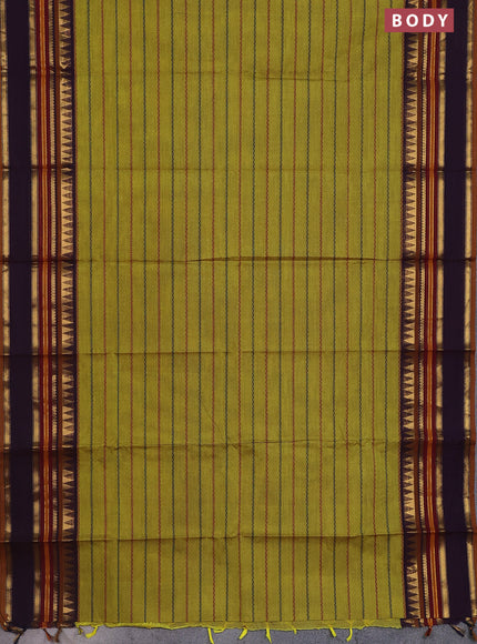 Chettinad cotton saree lime green and deep jamun with allover thread woven stripes pattern and zari woven border