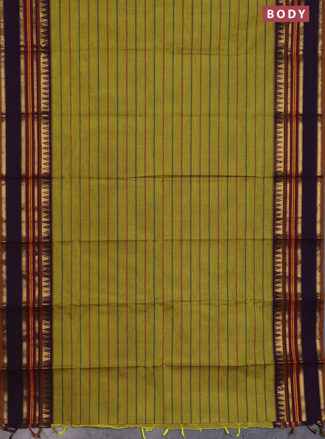 Chettinad cotton saree lime green and deep jamun with allover thread woven stripes pattern and zari woven border