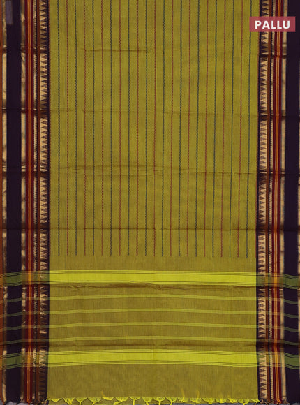 Chettinad cotton saree lime green and deep jamun with allover thread woven stripes pattern and zari woven border