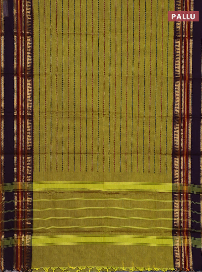 Chettinad cotton saree lime green and deep jamun with allover thread woven stripes pattern and zari woven border