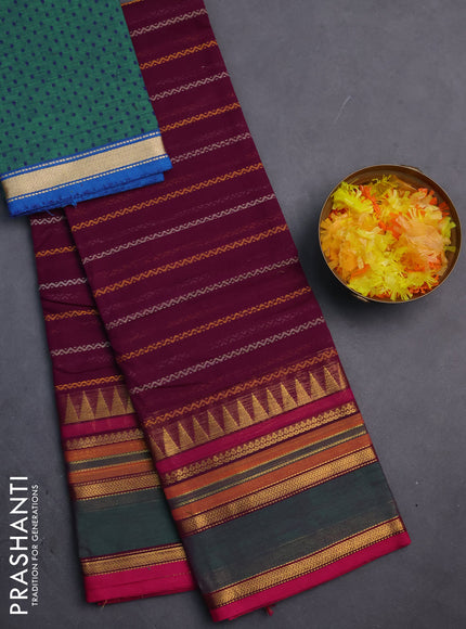 Chettinad cotton saree purple and pink with allover thread woven stripes pattern and zari woven border