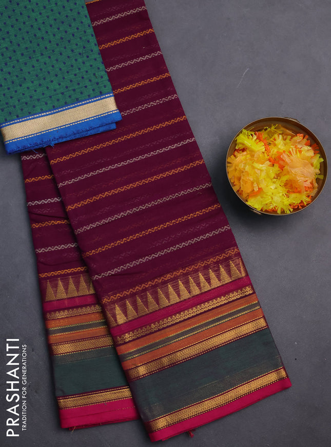 Chettinad cotton saree purple and pink with allover thread woven stripes pattern and zari woven border