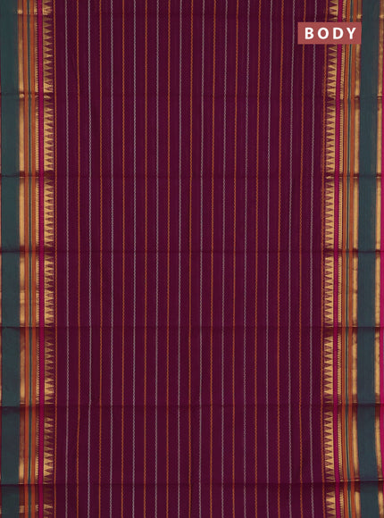 Chettinad cotton saree purple and pink with allover thread woven stripes pattern and zari woven border