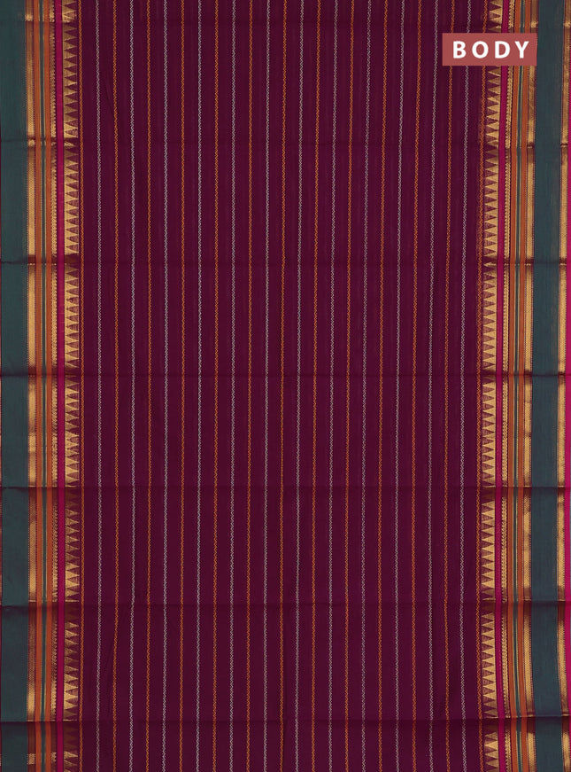 Chettinad cotton saree purple and pink with allover thread woven stripes pattern and zari woven border