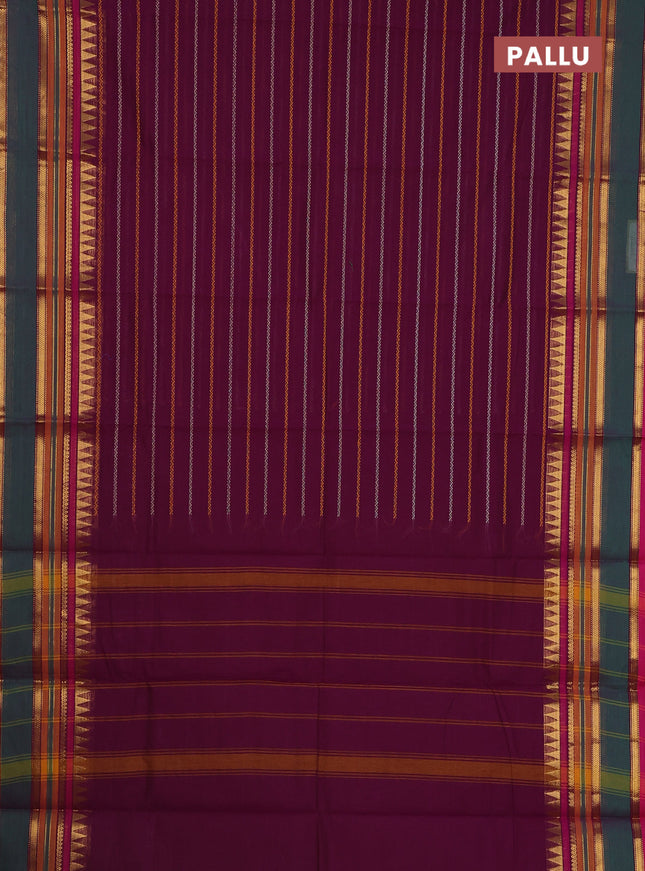 Chettinad cotton saree purple and pink with allover thread woven stripes pattern and zari woven border