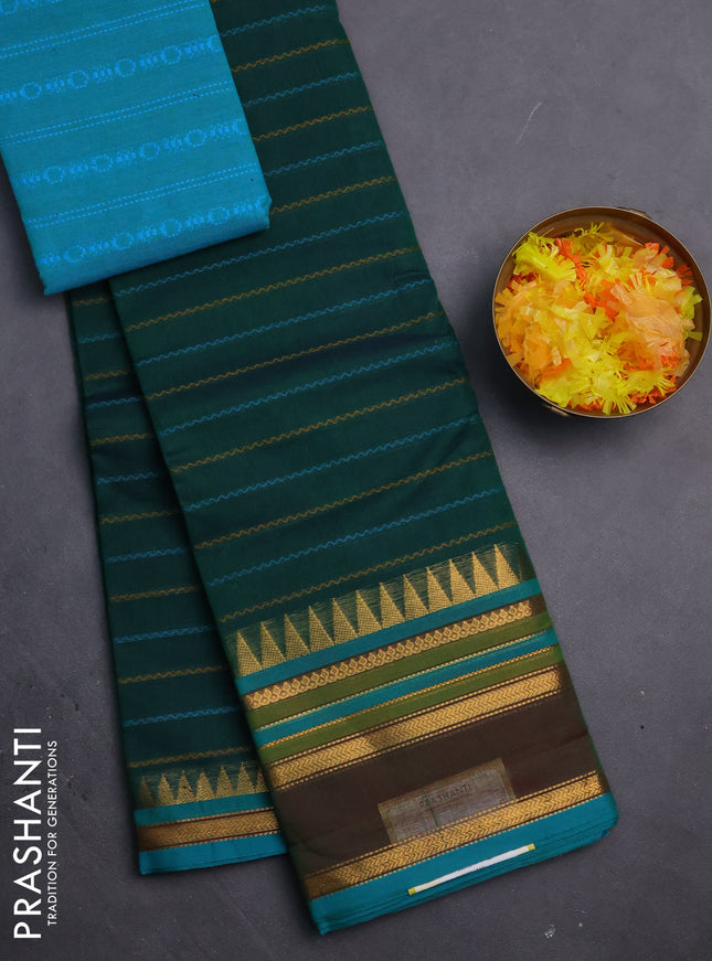 Chettinad cotton saree green and teal blue with allover thread woven stripes pattern and zari woven border