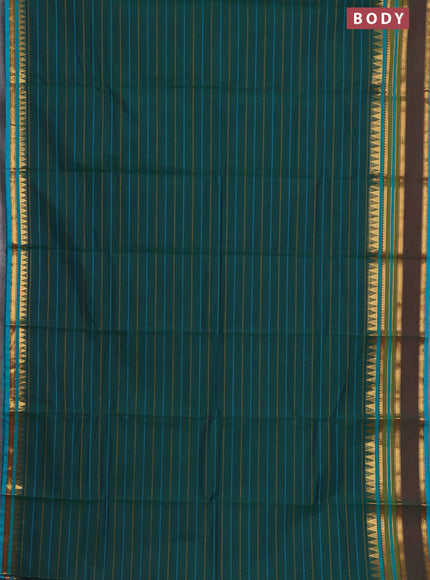 Chettinad cotton saree green and teal blue with allover thread woven stripes pattern and zari woven border
