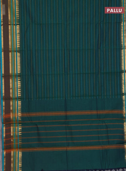 Chettinad cotton saree green and teal blue with allover thread woven stripes pattern and zari woven border