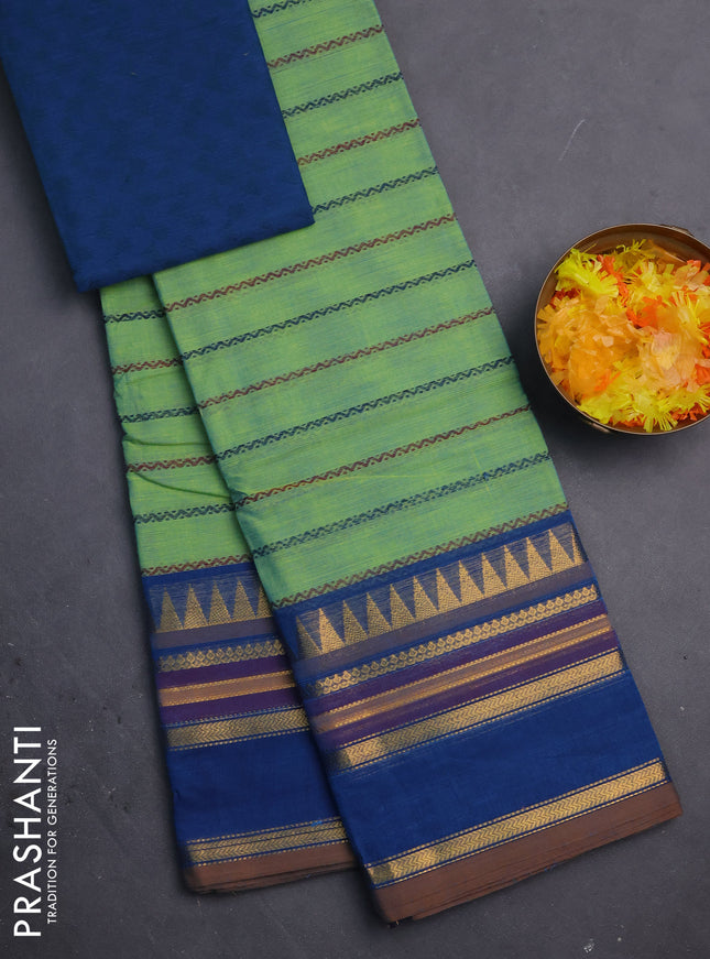 Chettinad cotton saree pastel green and cs blue with allover thread woven stripes pattern and zari woven border