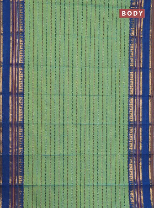 Chettinad cotton saree pastel green and cs blue with allover thread woven stripes pattern and zari woven border
