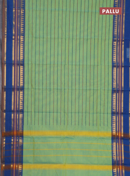 Chettinad cotton saree pastel green and cs blue with allover thread woven stripes pattern and zari woven border