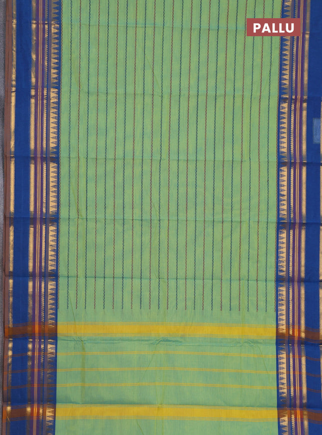 Chettinad cotton saree pastel green and cs blue with allover thread woven stripes pattern and zari woven border
