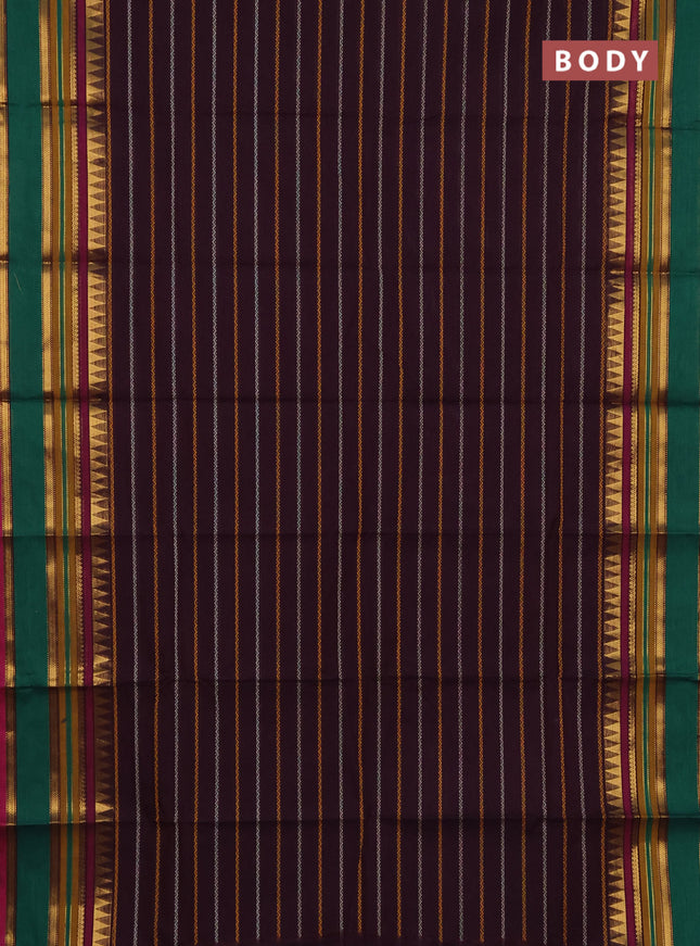 Chettinad cotton saree deep wine shade and green with allover thread woven stripes pattern and zari woven border