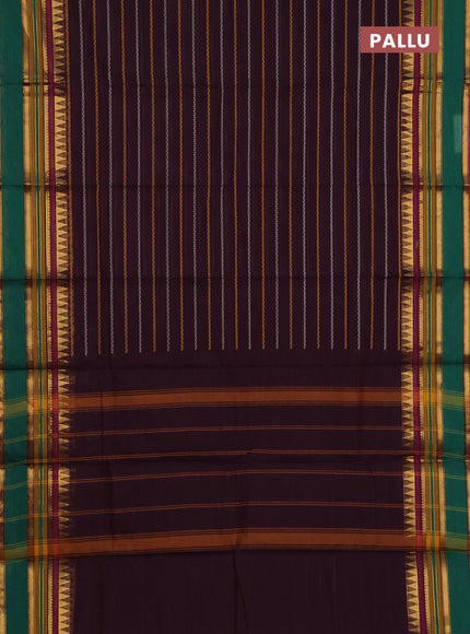 Chettinad cotton saree deep wine shade and green with allover thread woven stripes pattern and zari woven border