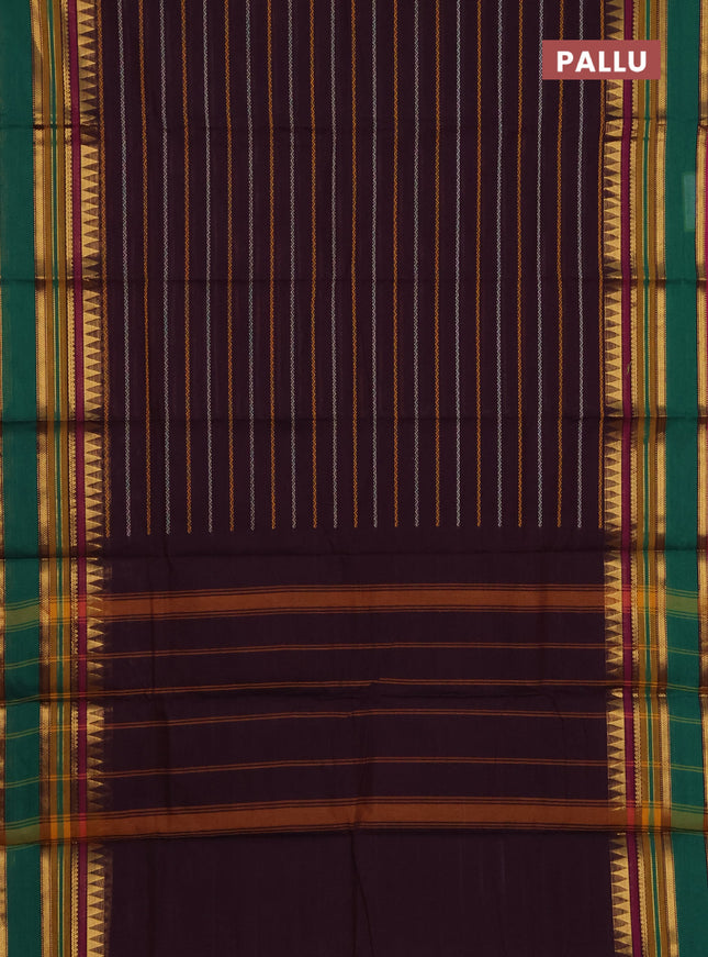 Chettinad cotton saree deep wine shade and green with allover thread woven stripes pattern and zari woven border