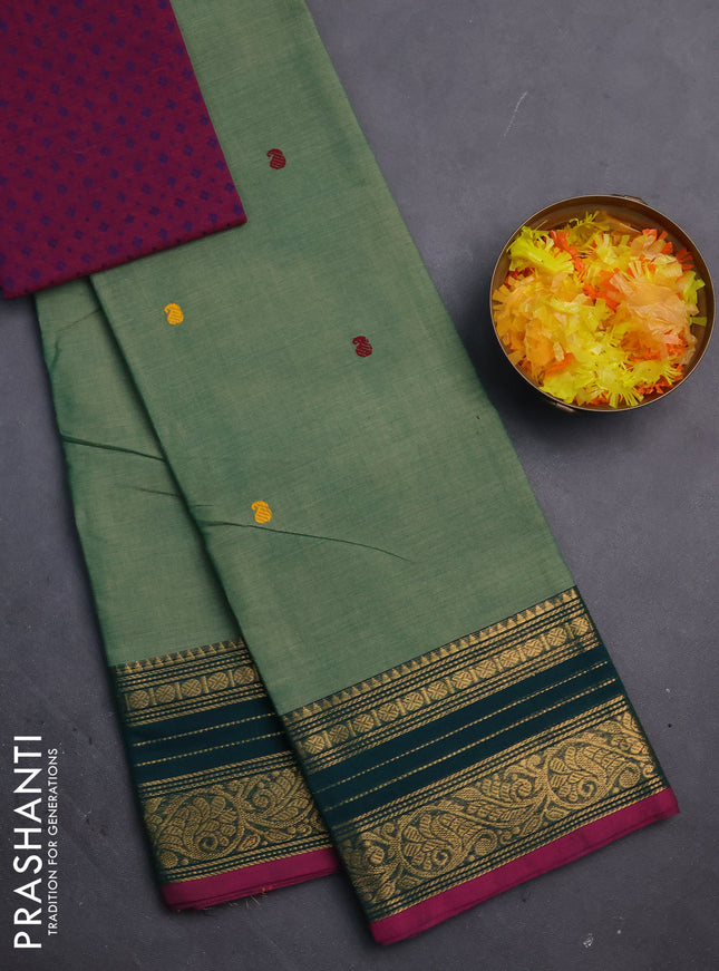 Chettinad cotton saree pastel green and pink with thread woven buttas and zari woven border
