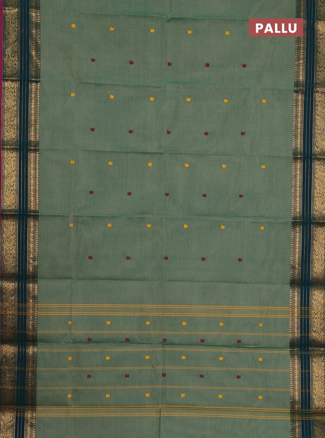 Chettinad cotton saree pastel green and pink with thread woven buttas and zari woven border