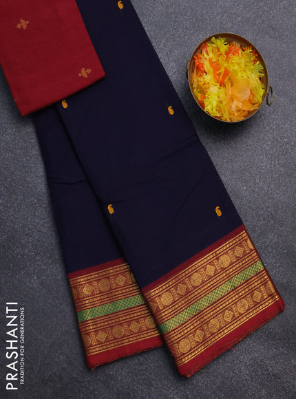 Chettinad cotton saree navy blue and maroon with thread woven buttas and zari woven border