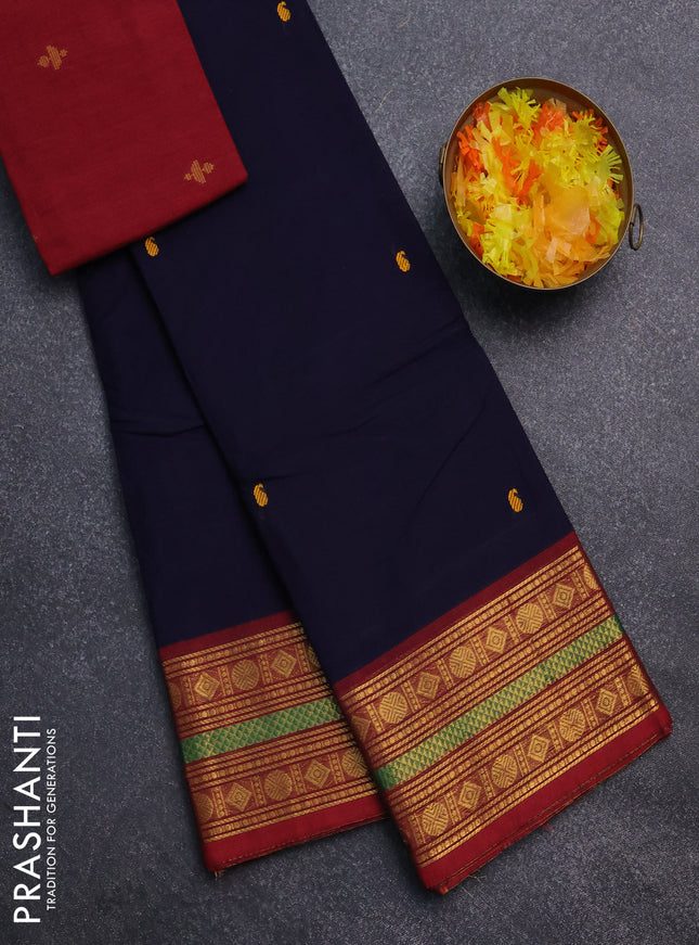 Chettinad cotton saree navy blue and maroon with thread woven buttas and zari woven border