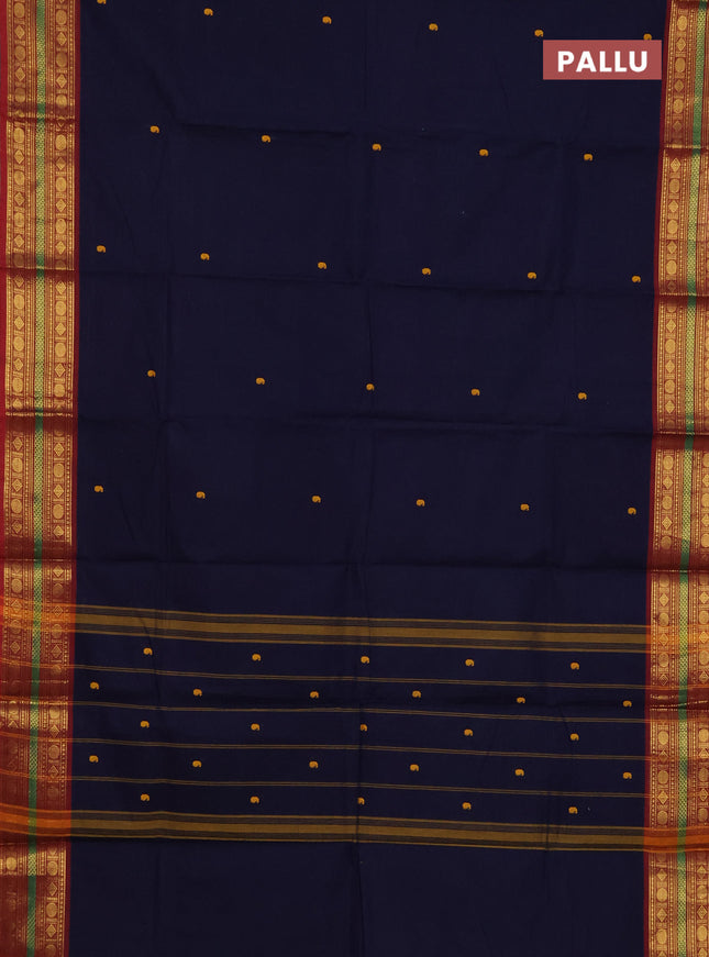 Chettinad cotton saree navy blue and maroon with thread woven buttas and zari woven border