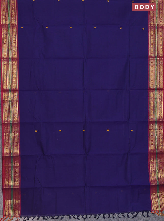 Chettinad cotton saree blue and maroon with thread woven buttas and zari woven border