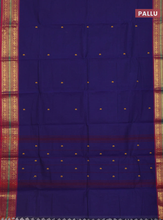Chettinad cotton saree blue and maroon with thread woven buttas and zari woven border