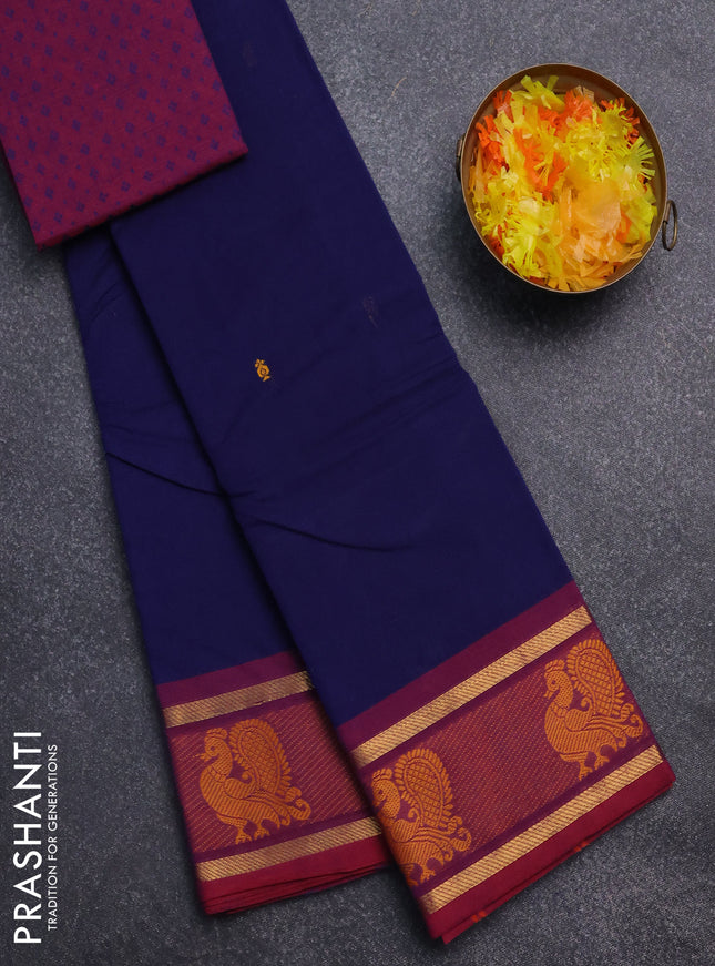 Chettinad cotton saree navy blue and maroon with thread woven buttas and zari woven annam butta border
